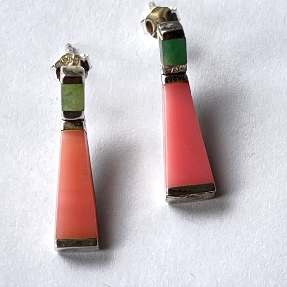 Vintage Thailand shell and Jade earrings sterling silver - Picture 4 of 5